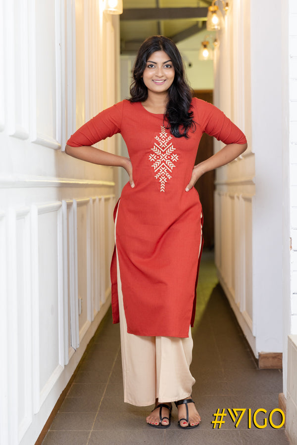 RED FANCY STRAIGHT KURTI