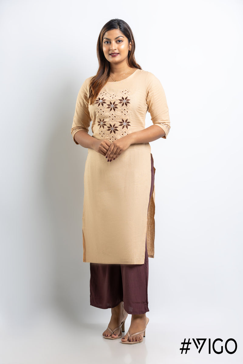 Blooms Embroidered Kurti in Caramel