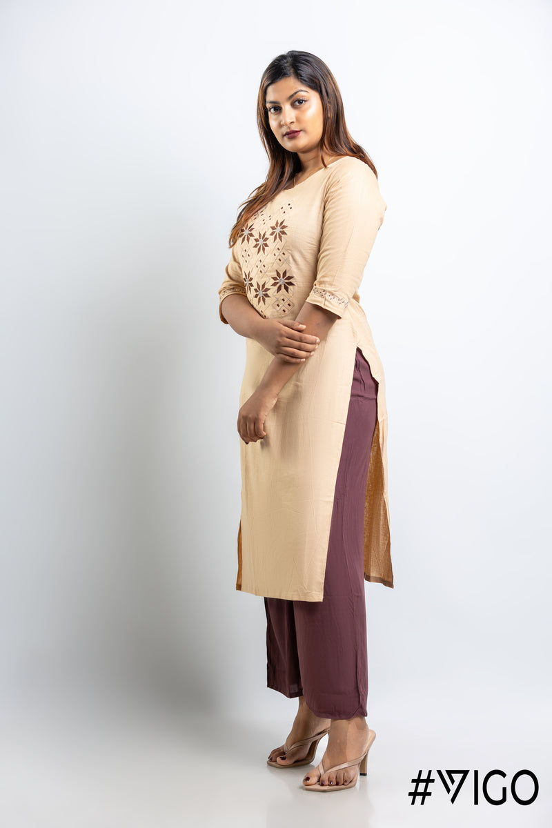 Blooms Embroidered Kurti in Caramel