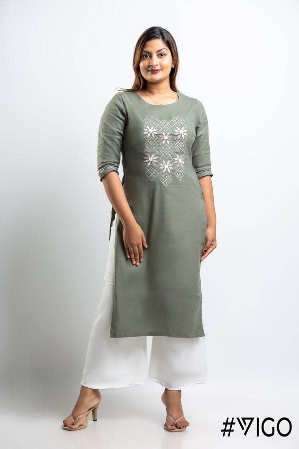 Blooms Embroidered Kurti Sage Green