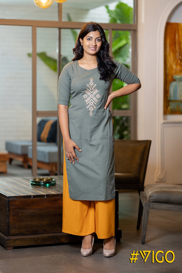 SMOKEY GREEN FANCY STRAIGHT KURTI