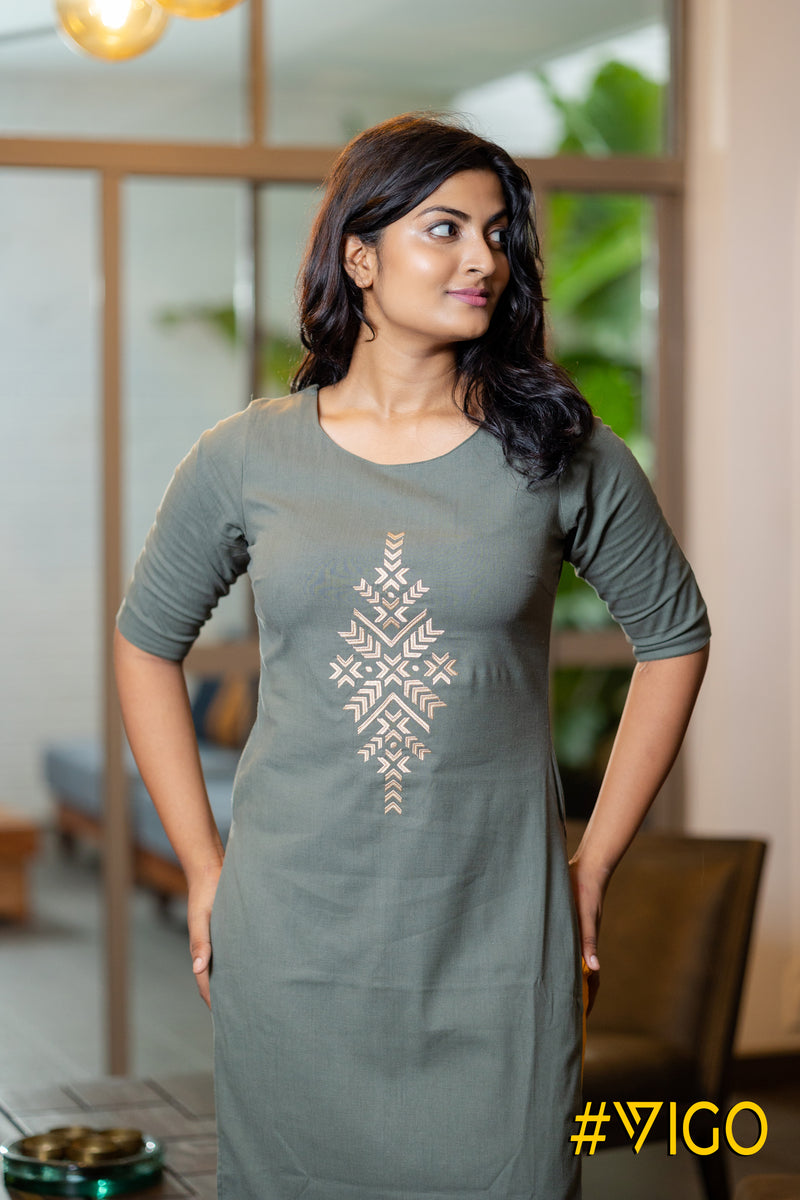 SMOKEY GREEN FANCY STRAIGHT KURTI