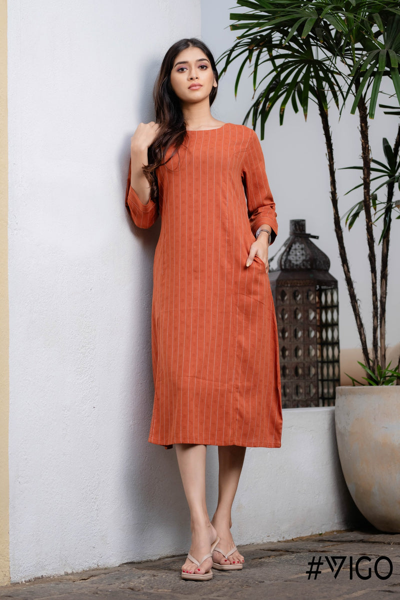 ORANGE PRETTYGARDEN STRIPED LONG DRESS