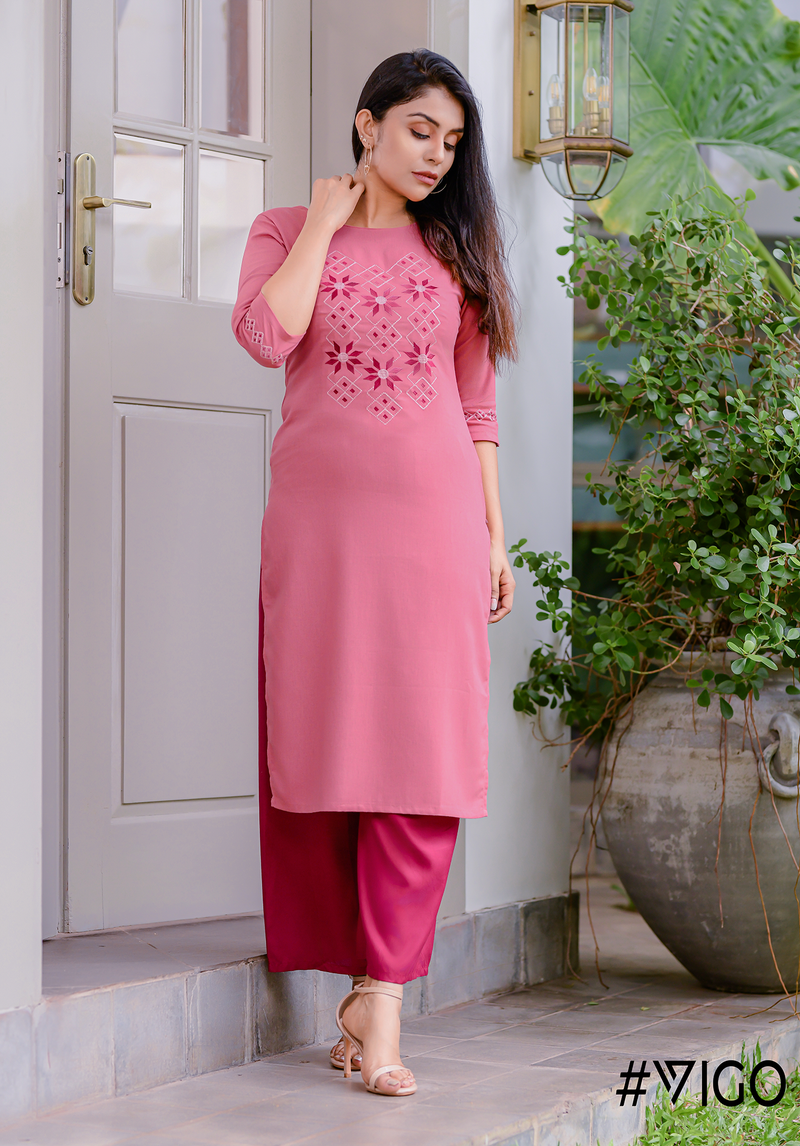 Blooms Embroidered Kurti in Cerise