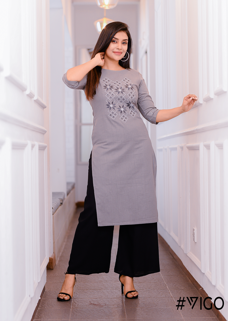 Blooms Embroidered Kurti in Misty Grey